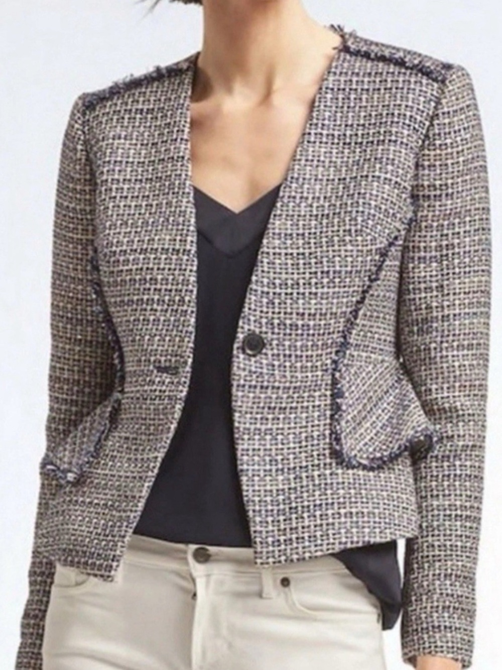Banana Republic Sequin Tweed Blazer Jacket Size 12 Work Office Navy Blue